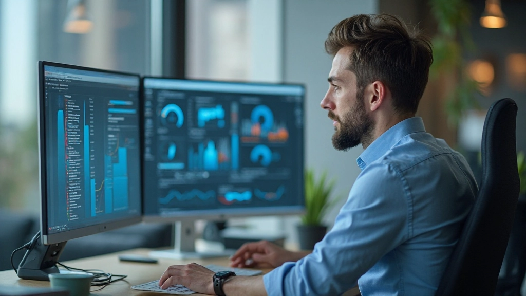 Аналитик работает с большими данными на мониторе компьютера в офисе