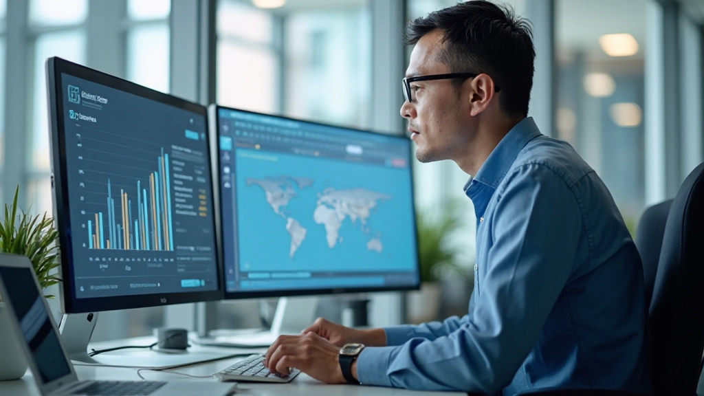 Профессиональное фото аналитика, работающего с графиками и данными на компьютере в современном офисе