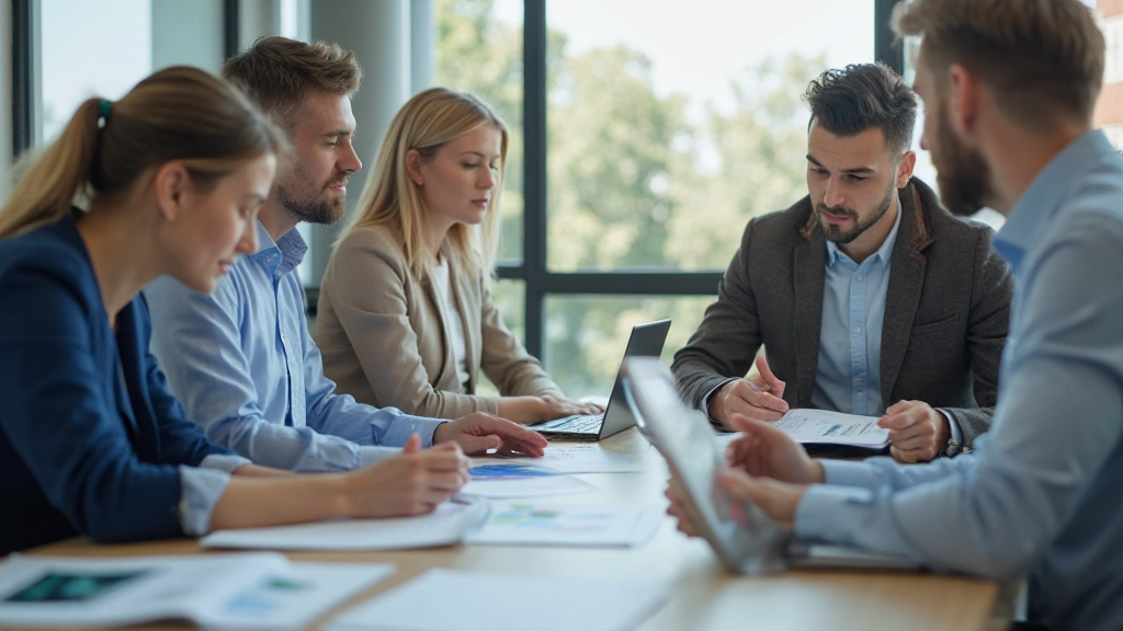 Команда сотрудников, сотрудничающих над анализом информации в современном офисе