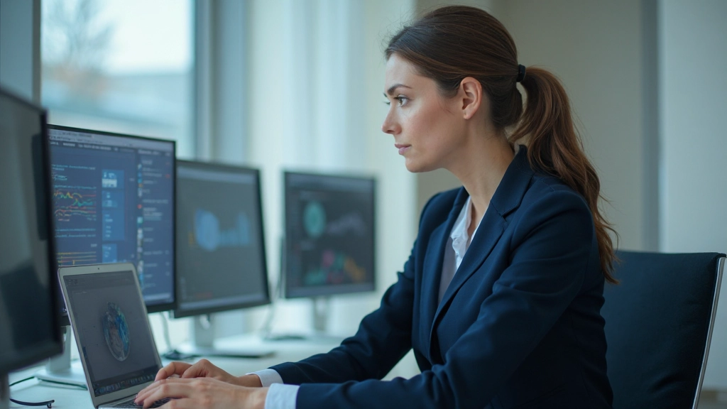 Аналитик работает с данными на компьютере в профессиональной среде
